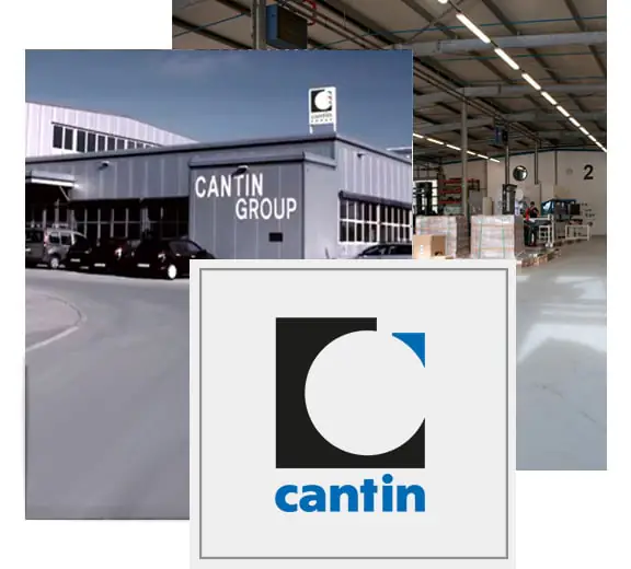 Dreiteiliges Bild, das das Gebäude von Cantin in Domdidier, die Produktion und das Logo von Cantin zeigt.