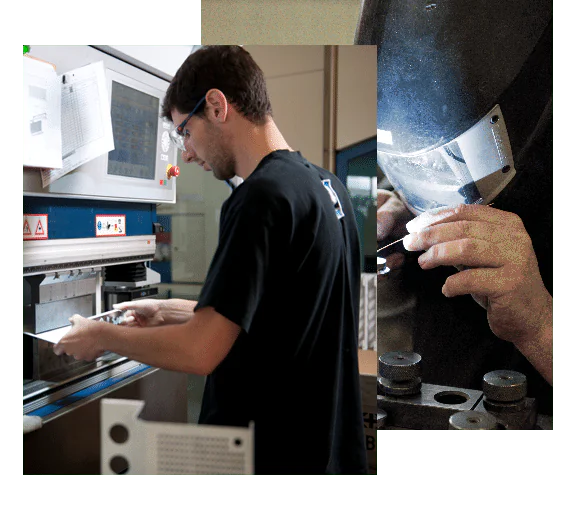 In zwei Teile geteiltes Bild, das einen Mechaniker bei der Bedienung einer Blechbearbeitungsmaschine und beim Schweißen eines Blechteils zeigt.