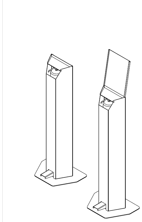 Illustration der beiden Varianten von William, dem Spender für flüssigen Alkohol. Einmal mit einer Halterung zum Aufhängen einer Information und einmal ohne diese Halterung.